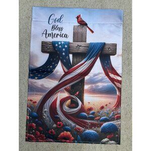 God Bless America Garden Flag_Religious, American Flag On Cross, Cardinal